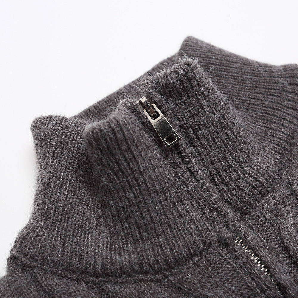 Herringbone Pattern Zip-Up Cardigan Sweater Casual Slim Fit with Double-Headed Zipper