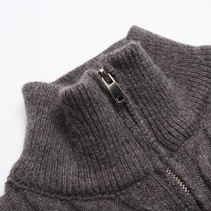 Herringbone Pattern Zip-Up Cardigan Sweater Casual Slim Fit with Double-Headed Zipper