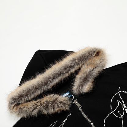 Sudadera con capucha, cuello de piel, chaqueta, sudadera de talle alto