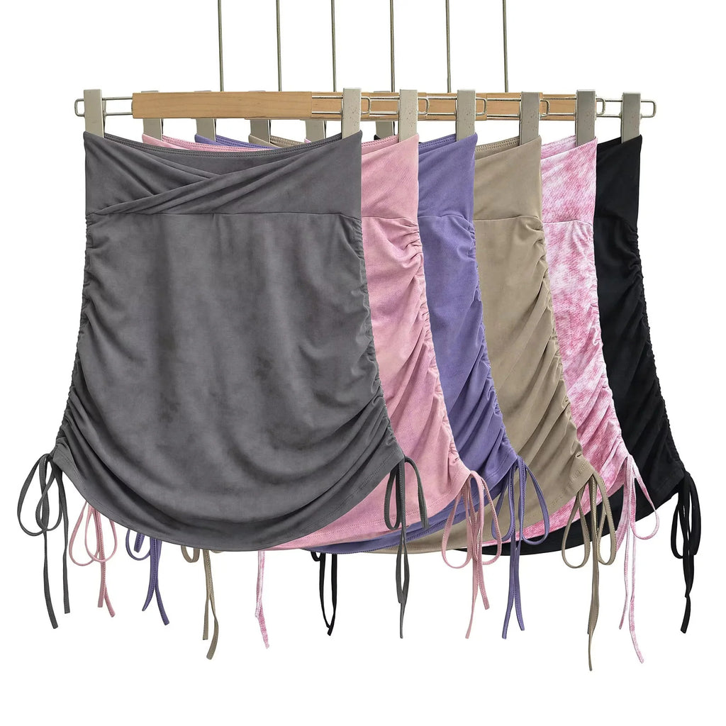 Tie dye adjustable pleated high waist high elastic hip hugging short skirt