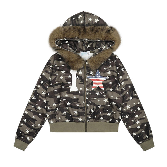 Sudadera corta con capucha, cuello de piel de estrella de camuflaje, chaqueta con capucha