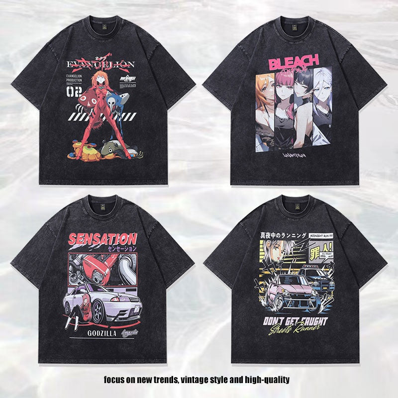 Anime Print Vintage Oversized Washed Cotton Short Sleeve T-Shirt Unisex