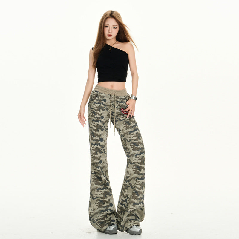 Women's Pants  Camouflage Flare Trousers Casual Low Waist Belted Flared Pants