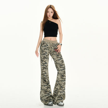Women's Pants  Camouflage Flare Trousers Casual Low Waist Belted Flared Pants