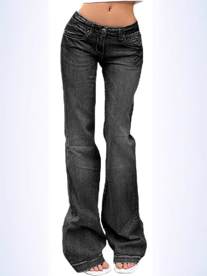 Street Style Low-Waist Flared Jeans, Slim Fit Stretch Denim Pants Long Pants