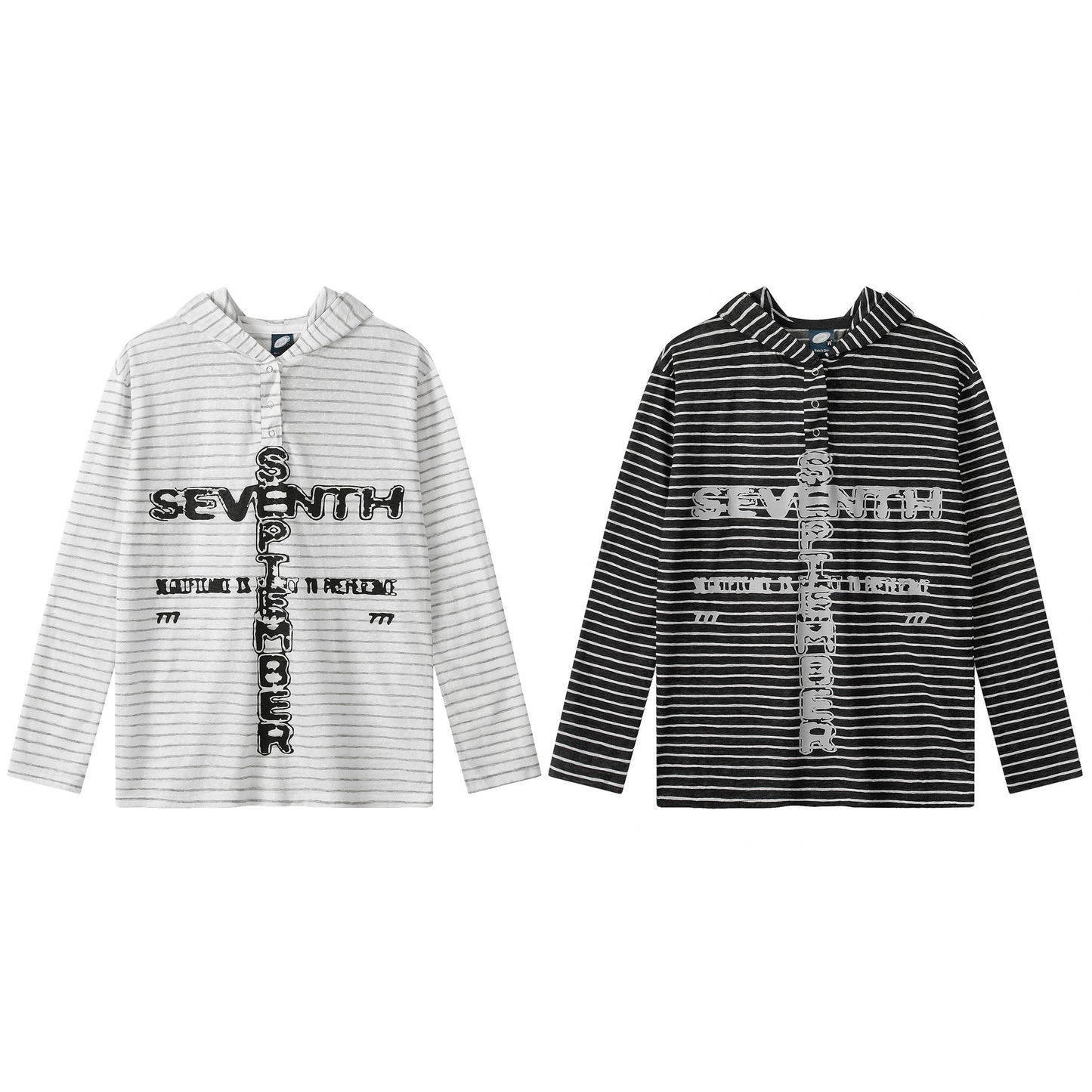 Stripe Hooded Henley Neck Long Sleeve T-Shirt Unisex Loose Casual Versatile Layering Top