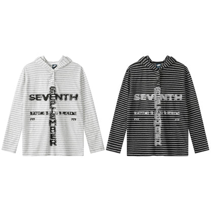 Stripe Hooded Henley Neck Long Sleeve T-Shirt Unisex Loose Casual Versatile Layering Top