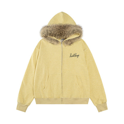 Sudadera con capucha y cremallera con cuello de piel desmontable a rayas, sudadera con capucha para pareja