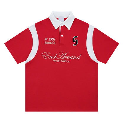 Polo de manga corta con bloques de color y diseño retro, rejilla transpirable
