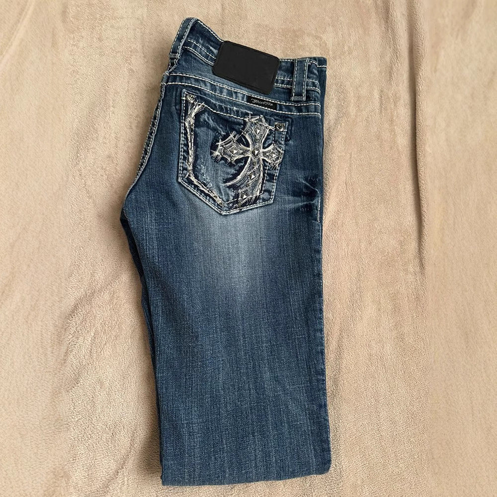 Millennial Spicy Girl Denim Pants Cross Embroidery Design Casual Trousers Low Waist Slimming Long Pants