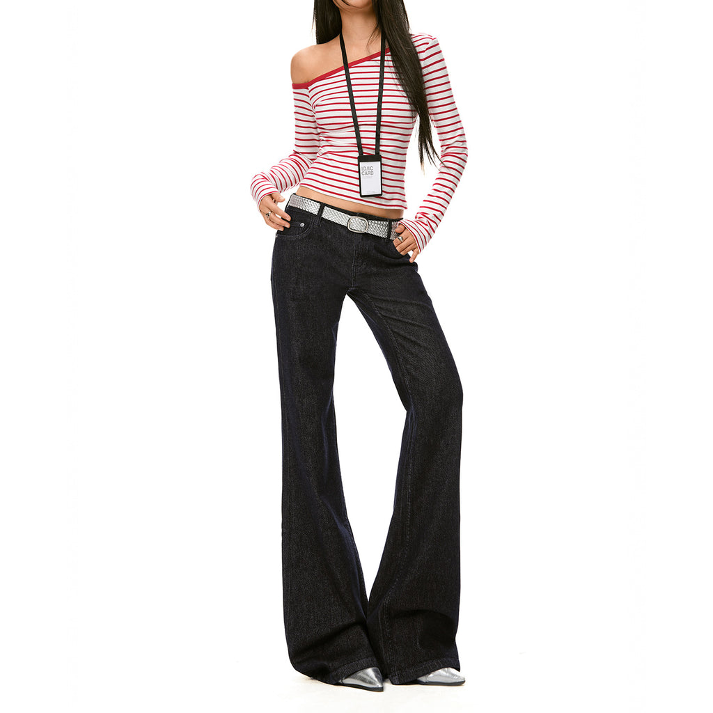 Deep Blue Flared Jeans Low Waist Horsehoe Pants
