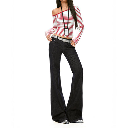 Deep Blue Flared Jeans Low Waist Horsehoe Pants