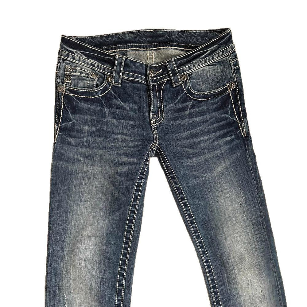 Millennial Spicy Girl Denim Pants Cross Embroidery Design Casual Trousers Low Waist Slimming Long Pants