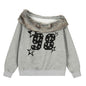 Digital Print Faux Fur Collar Shoulder Hoodie Casual Loose Oversized Short