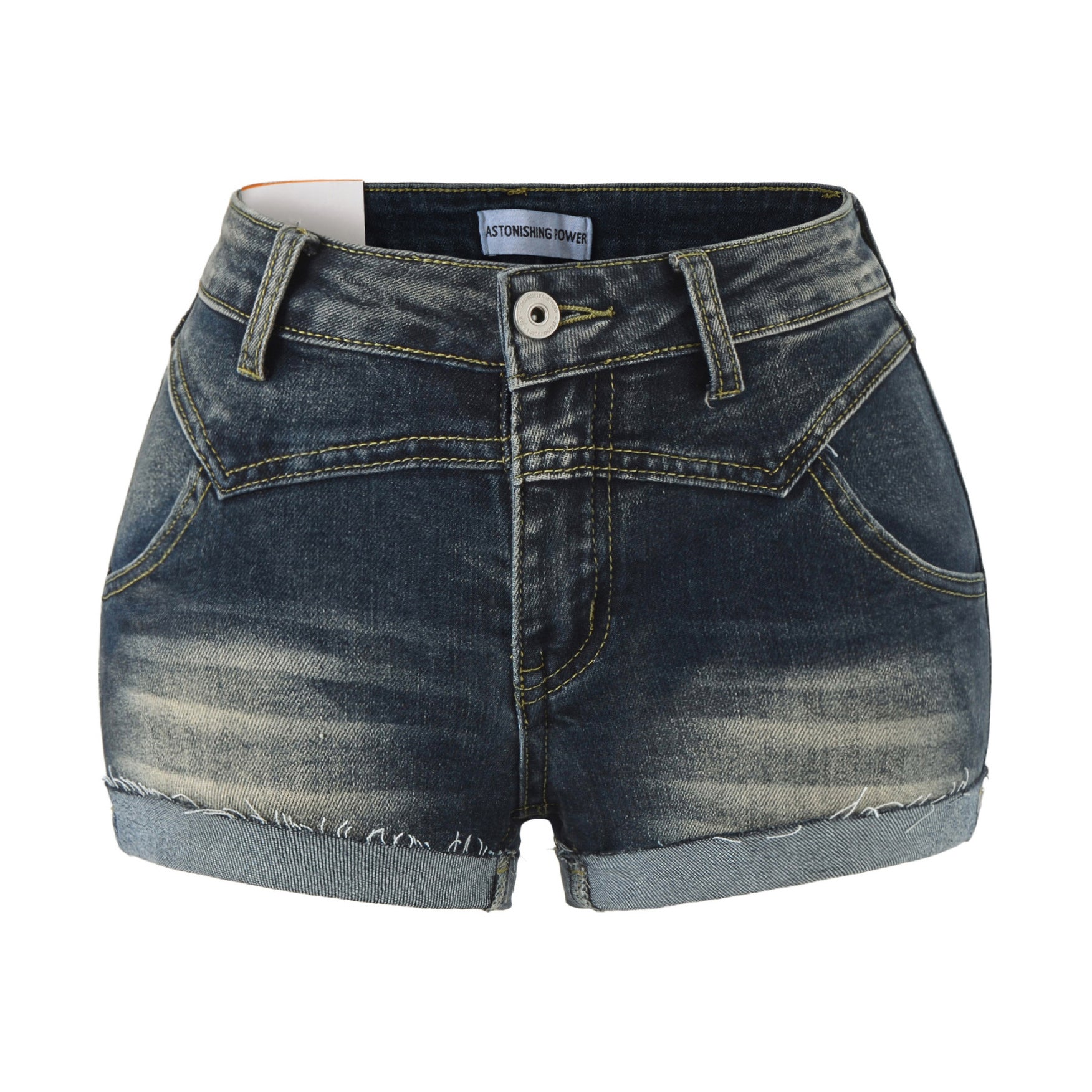 Double-Layer Cuffed Vintage Distressed Denim Shorts A-Line Low Waist Pants