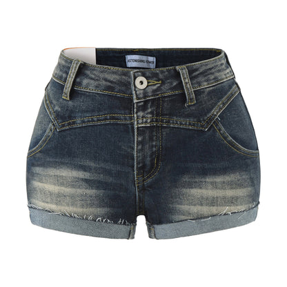 Shorts de mezclilla vintage desgastados de doble capa con bajo y tiro bajo en línea A