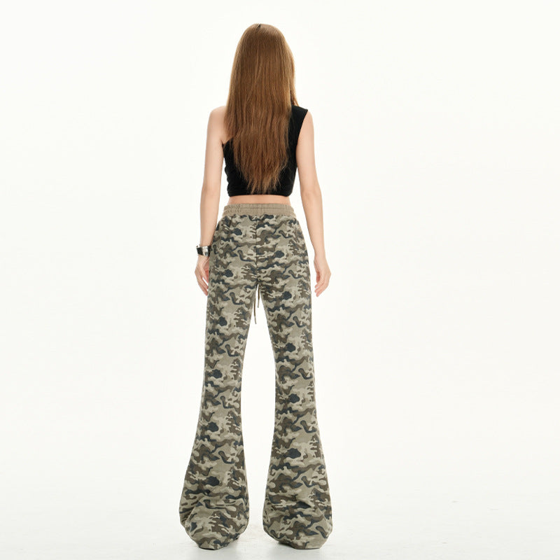 Women's Pants  Camouflage Flare Trousers Casual Low Waist Belted Flared Pants