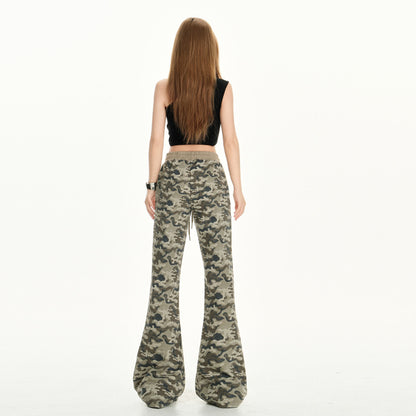 Women's Pants  Camouflage Flare Trousers Casual Low Waist Belted Flared Pants