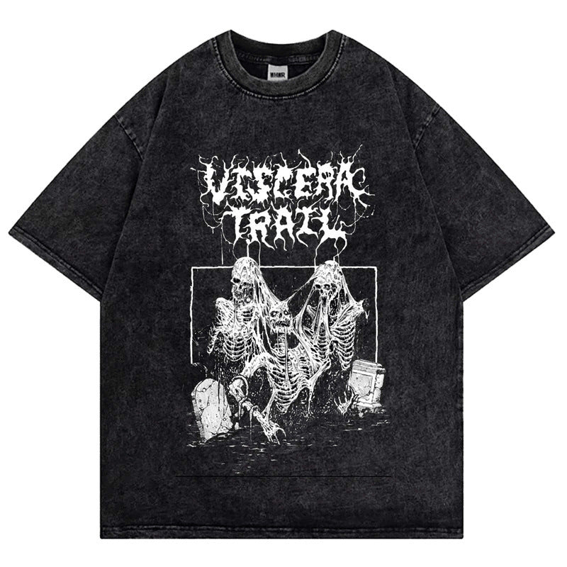 Streetwear Hip Hop Dark Gothic Print T-Shirt Summer Cotton Washed Vintage Distressed Short Sleeve Top