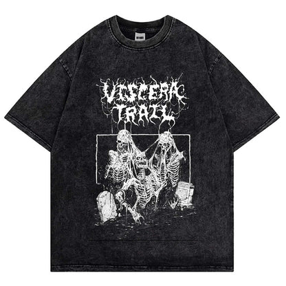 Camiseta Streetwear Hip Hop Estampado Gótico Oscuro Algodón Lavado Vintage Desgastado Manga Corta Top