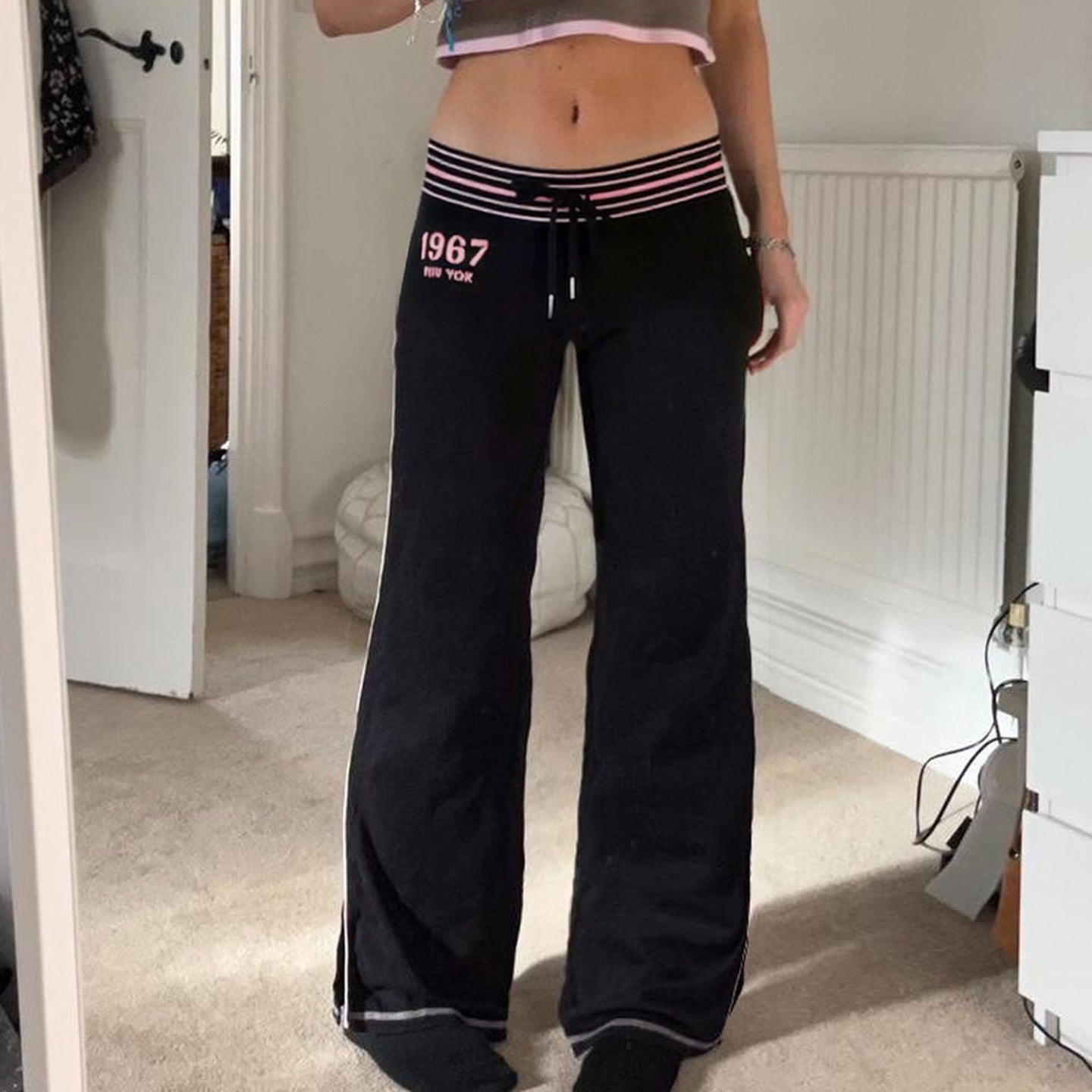 Loose Fit Drawstring Stripe Relaxed Pants Low Waist Wide Leg Tapered Long Pants