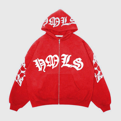 Sudadera con capucha y cremallera, letras góticas estampadas, sudadera con capucha oversize