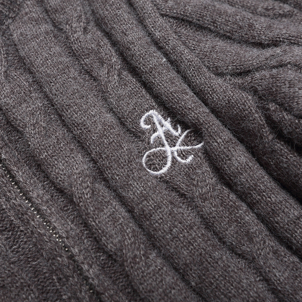 Herringbone Pattern Zip-Up Cardigan Sweater Casual Slim Fit with Double-Headed Zipper