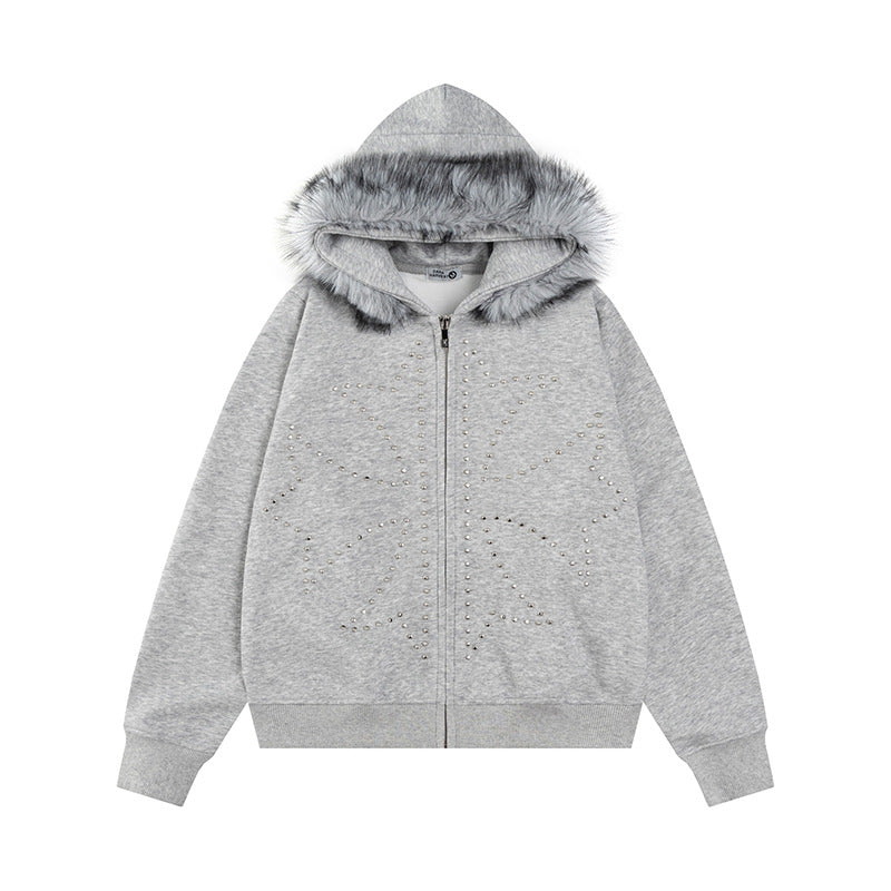 Rivet Fur Collar Hoodie Women's Retro Loose Casual Straight Shoulder Jacket