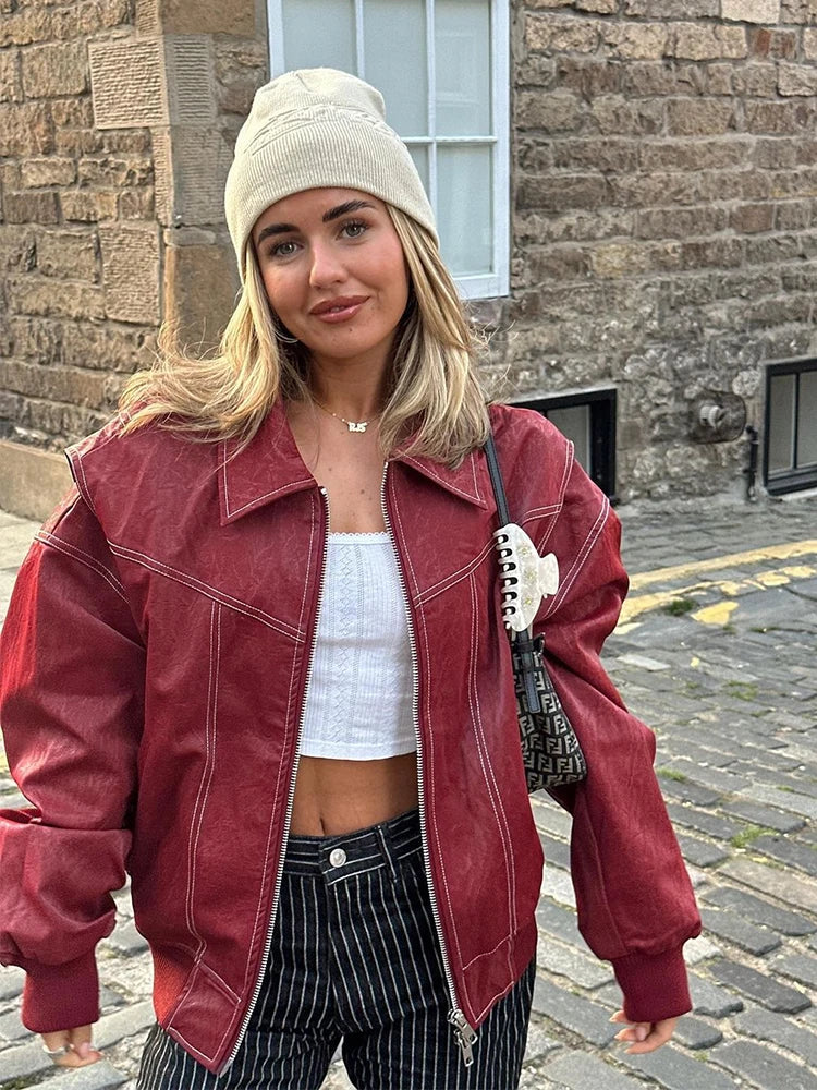 Faux Leather Bomber Jackets For Women Zipper Oversize Jacket Woman Long Sleeve Autumn New Outerwear Streetwear Winter Coat