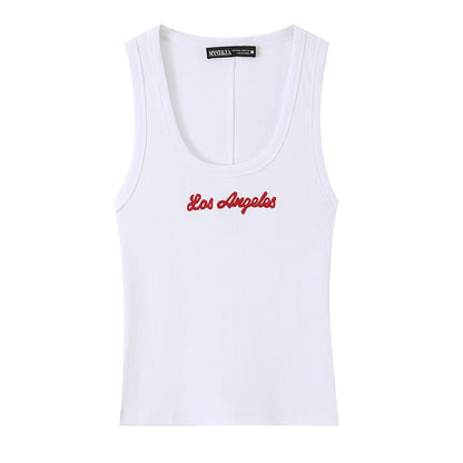 Sleeveless round neck slim fit casual ribbed printed T-shirt