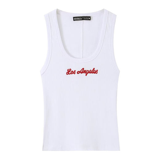 Sleeveless round neck slim fit casual ribbed printed T-shirt