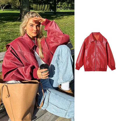 Chaqueta bomber de piel sintética, chaqueta oversize con cremallera, manga larga, otoño, nueva ropa de abrigo, estilo urbano, abrigo de invierno