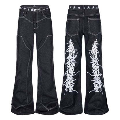 Embroidered loose straight leg low waisted jeans