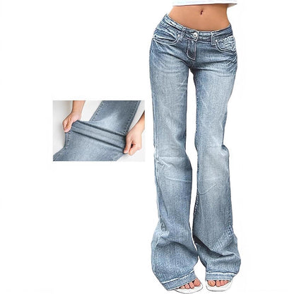 Street Style Low-Waist Flared Jeans, Slim Fit Stretch Denim Pants Long Pants