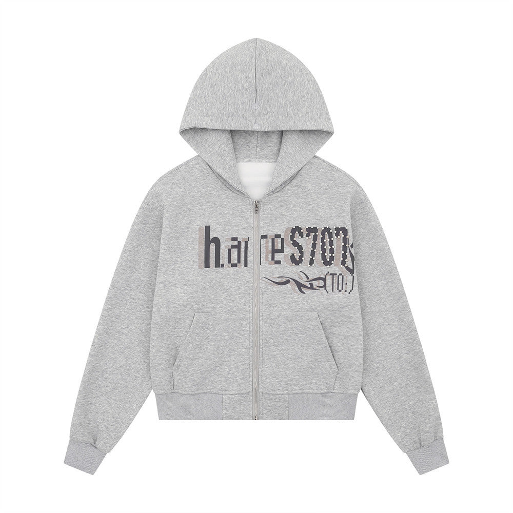 Hoodie with Detachable Fur Collar  Letter Print with Rivet Decoration