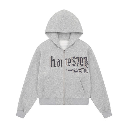 Sudadera con capucha y cuello de piel desmontable Estampado de letras con remaches decorativos